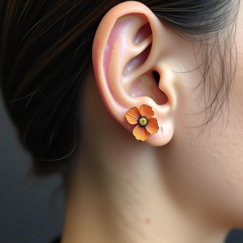 Close-up of a tattoo design featuring a tiny golden poppy placed behind the ear, with 3 different blooming stages for a charming effect.undefined
