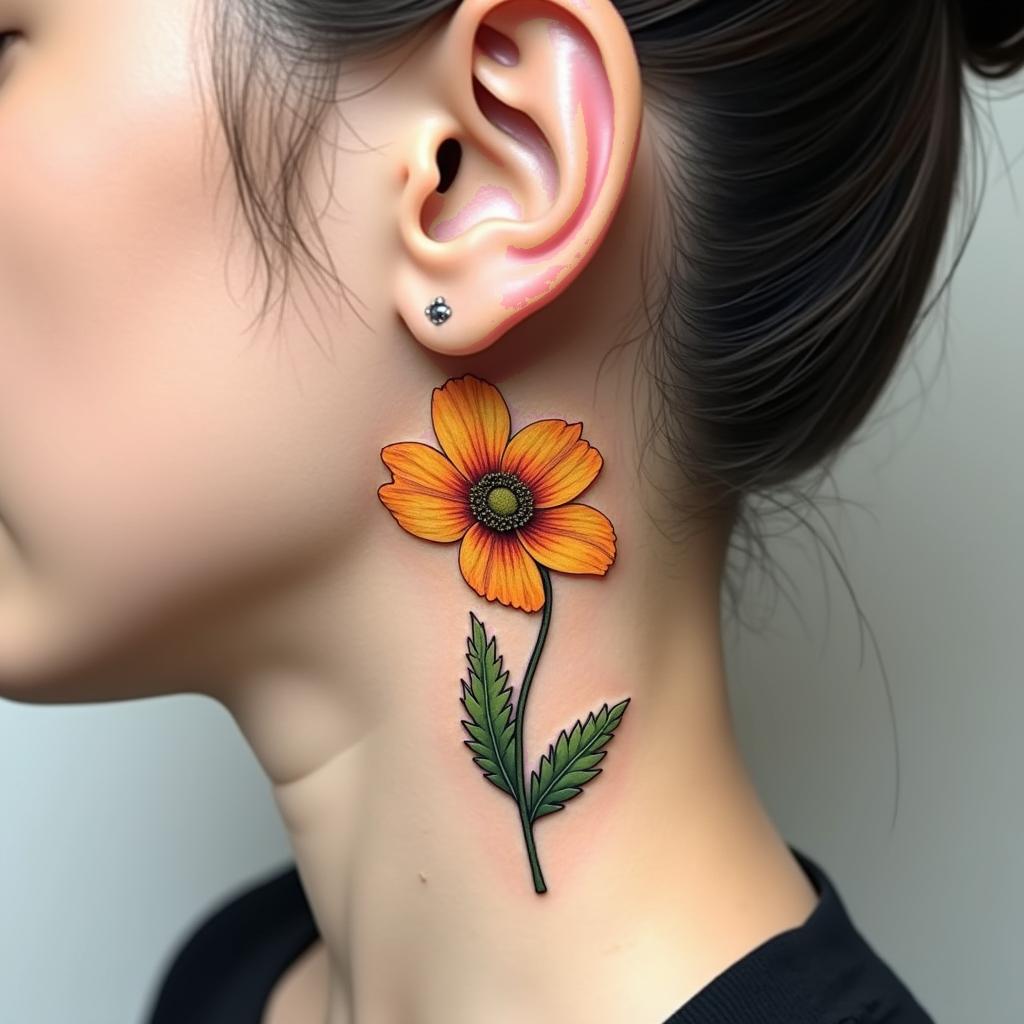 Artistic rendering of a tiny golden poppy tattoo located behind the ear, showing 3 distinct stages of blooming, perfect for floral tattoo enthusiasts.undefined