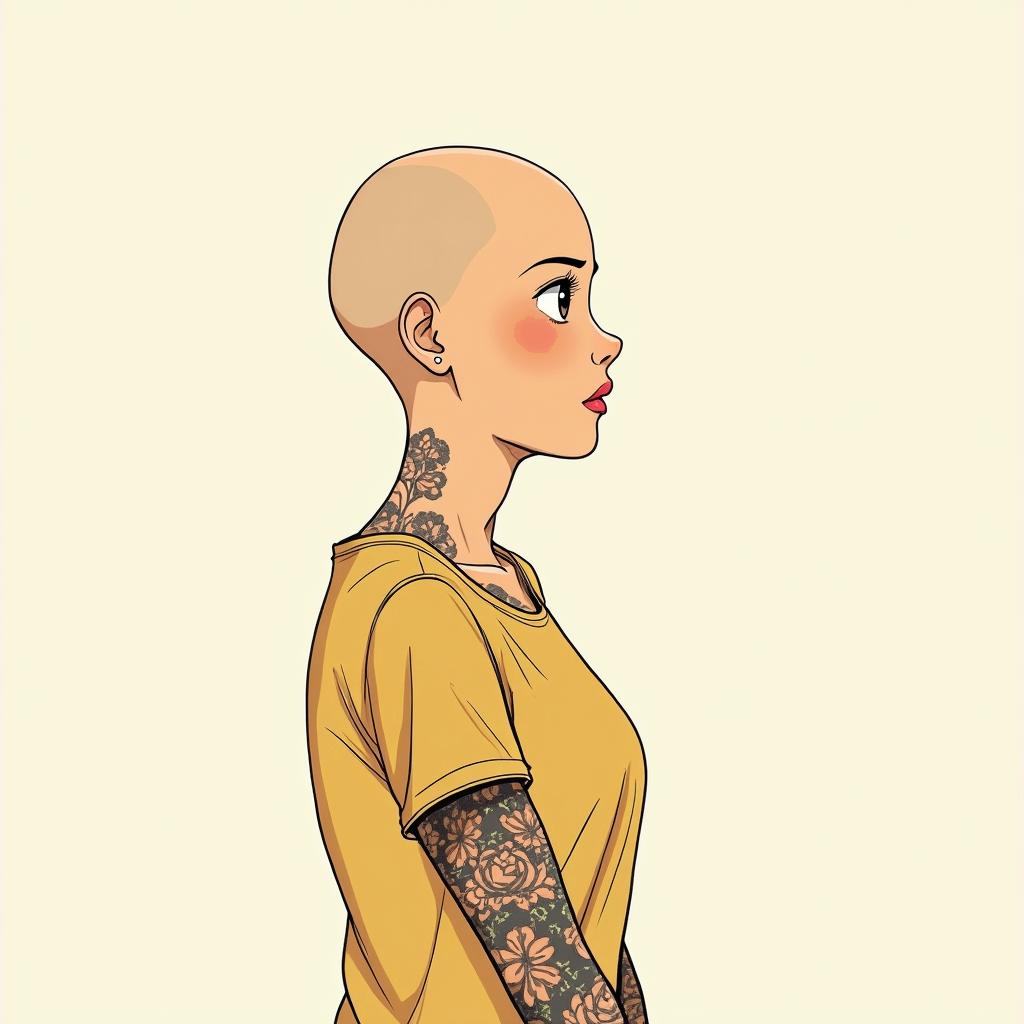 Flávia da Fonseca Vilela, Aries, seeking to rediscover herself and be happy.Ghibli, Studio Ghibli aesthetic, hand-drawn anime style, retro nostalgic atmosphere, retro soft pastel color palette with earthy tones, retro Japanese cinematic shot, yellow tint effect, bald character, smooth surface, anime shadow 90's anime style