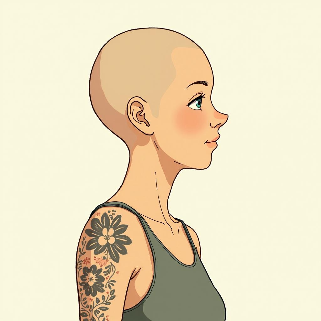 Flávia da Fonseca Vilela, Aries, seeking to rediscover herself and be happy.Ghibli, Studio Ghibli aesthetic, hand-drawn anime style, retro nostalgic atmosphere, retro soft pastel color palette with earthy tones, retro Japanese cinematic shot, yellow tint effect, bald character, smooth surface, anime shadow 90's anime style - Variation 2