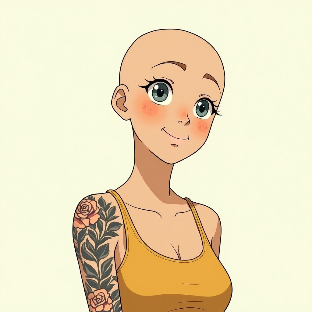 Flávia da Fonseca Vilela, Aries, seeking to rediscover herself and be happy.Ghibli, Studio Ghibli aesthetic, hand-drawn anime style, retro nostalgic atmosphere, retro soft pastel color palette with earthy tones, retro Japanese cinematic shot, yellow tint effect, bald character, smooth surface, anime shadow 90's anime style - Variation 3