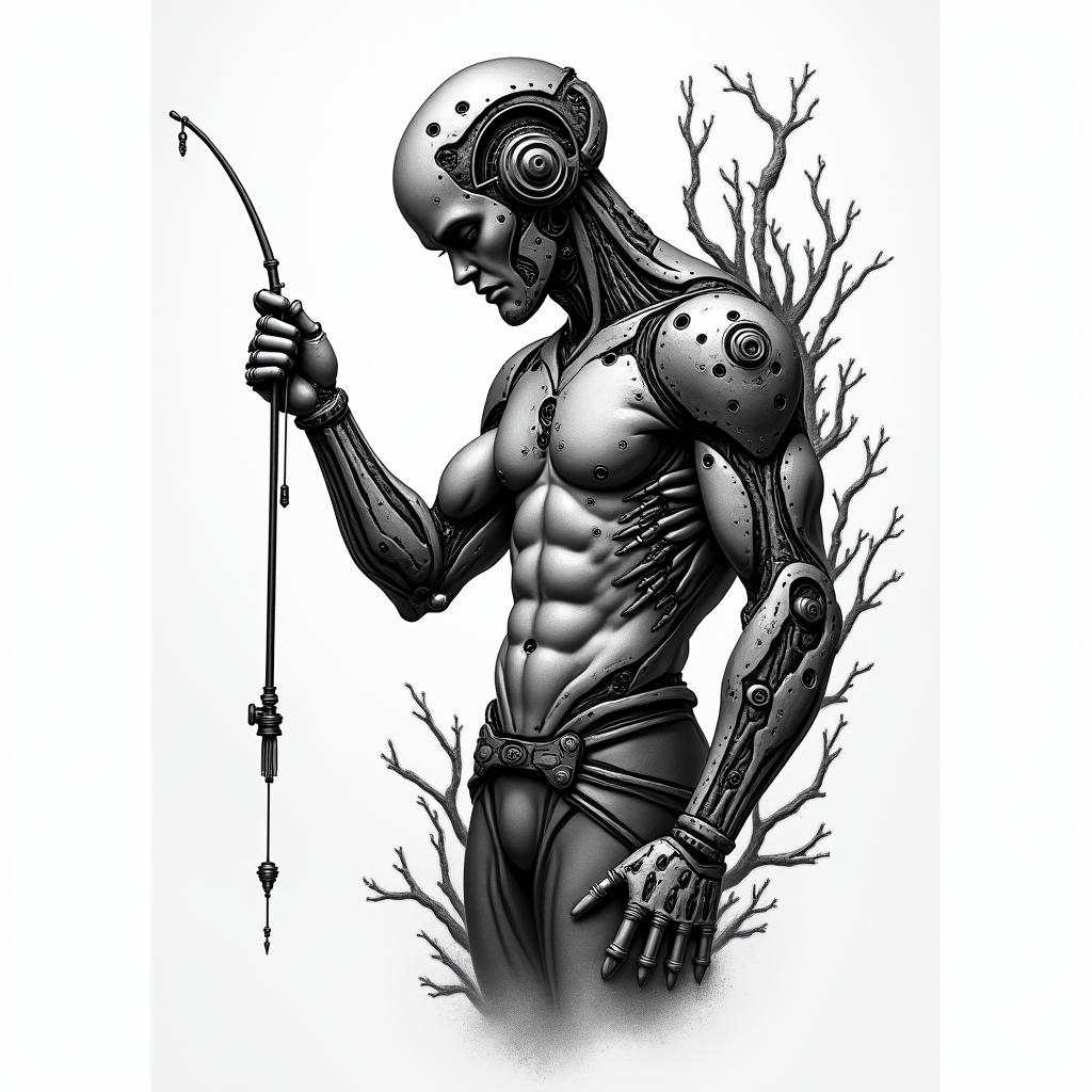 Zachary BonHomme nature fishing hunting hard working simple mantattoo in biomechanic style, the tattoo covered by robotic elements of futuristic cyberpunk design, robotic features detail, showcasing intricate mechanical components - Variation 3