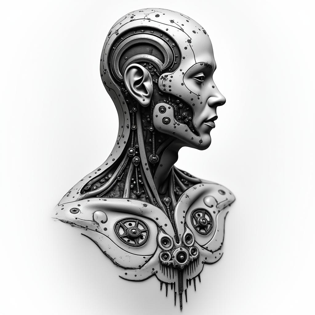 Zachary BonHomme nature fishing hunting hard working simple mantattoo in biomechanic style, the tattoo covered by robotic elements of futuristic cyberpunk design, robotic features detail, showcasing intricate mechanical components - Variation 4