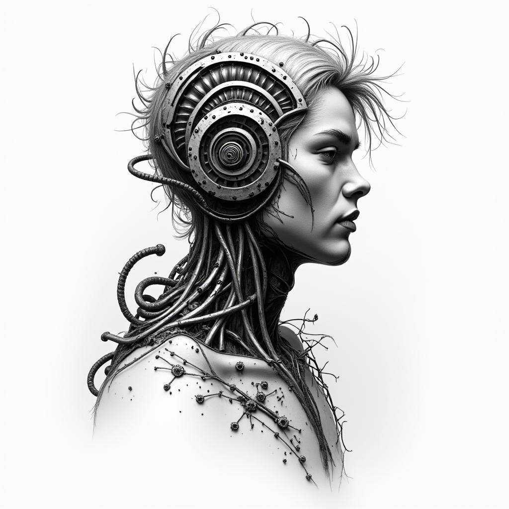 Zachary BonHomme nature fishing hunting hard working simple mantattoo in biomechanic style, the tattoo covered by robotic elements of futuristic cyberpunk design, robotic features detail, showcasing intricate mechanical components - Variation 2