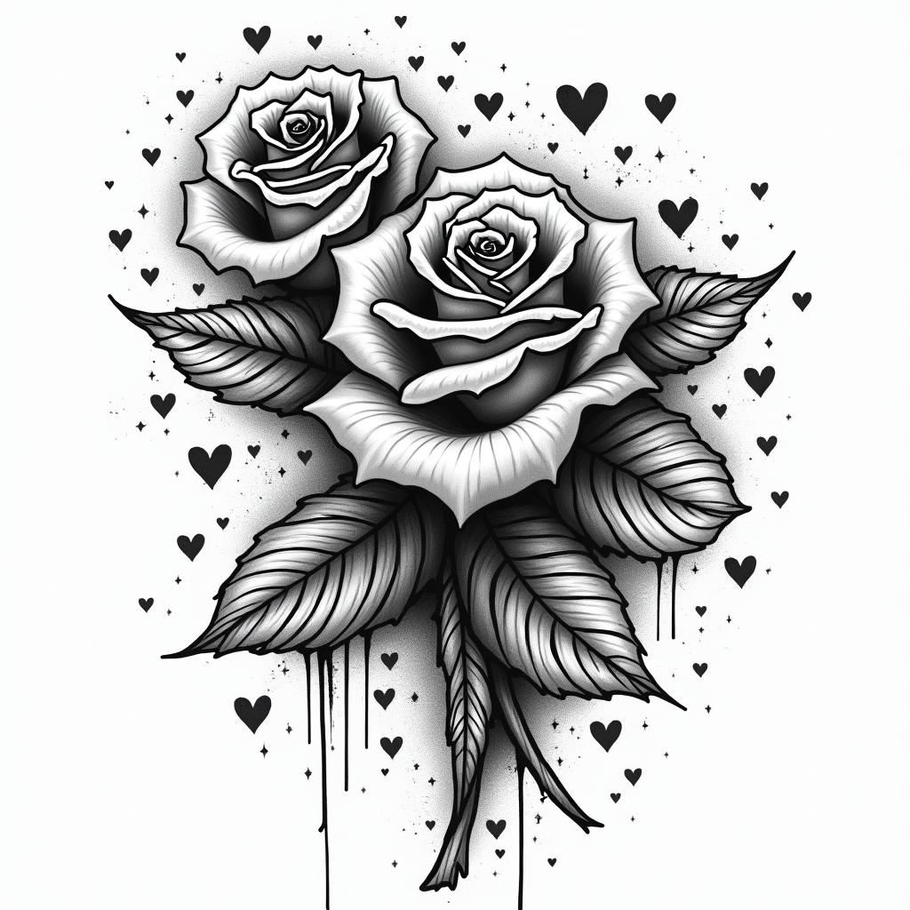 Rosesin graffiti style tattoo, featuring bold and dynamic street art elements, spray-paint texture with exaggerated lines and expressive, chaotic brushstrokes, intricate lettering incorporated with graffiti tags, symbols like hearts, stars, and wings - Variation 2