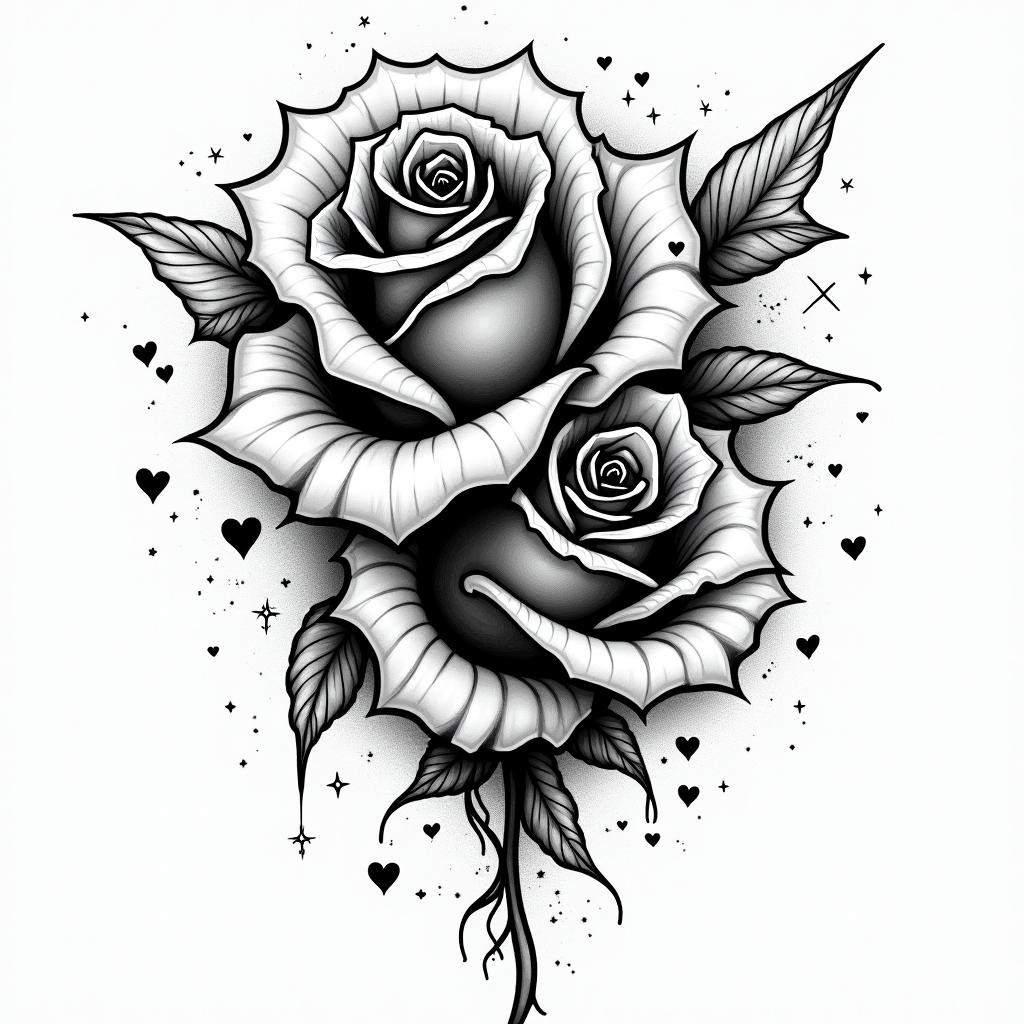 Rosesin graffiti style tattoo, featuring bold and dynamic street art elements, spray-paint texture with exaggerated lines and expressive, chaotic brushstrokes, intricate lettering incorporated with graffiti tags, symbols like hearts, stars, and wings - Variation 4