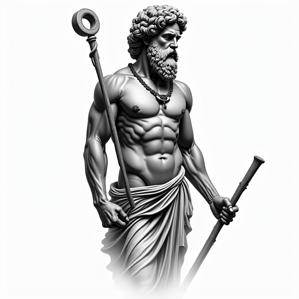 Asclepius holding rod 
Greek mythologyhigly detailed tattoo - Variation 3
