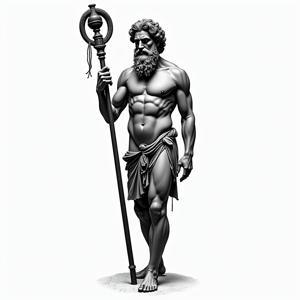 Asclepius holding rod 
Greek mythologyhigly detailed tattoo - Variation 2