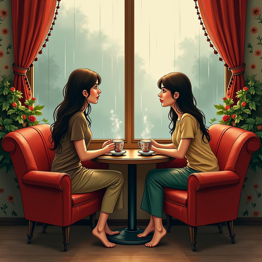 An illustrative tattoo of two red leather chairs in a cozy coffee shop, facing a large window with soft morning light streaming in. Outside, rain is falling, creating a peaceful atmosphere. On one chair, there are two beautifully crafted tea cups with steam rising, symbolizing a loving bond between two women. The scene includes soft accents of mahogany and deep green, with bohemian elements like floral patterns or gentle swirls in the background to add warmth and intimacy.undefined