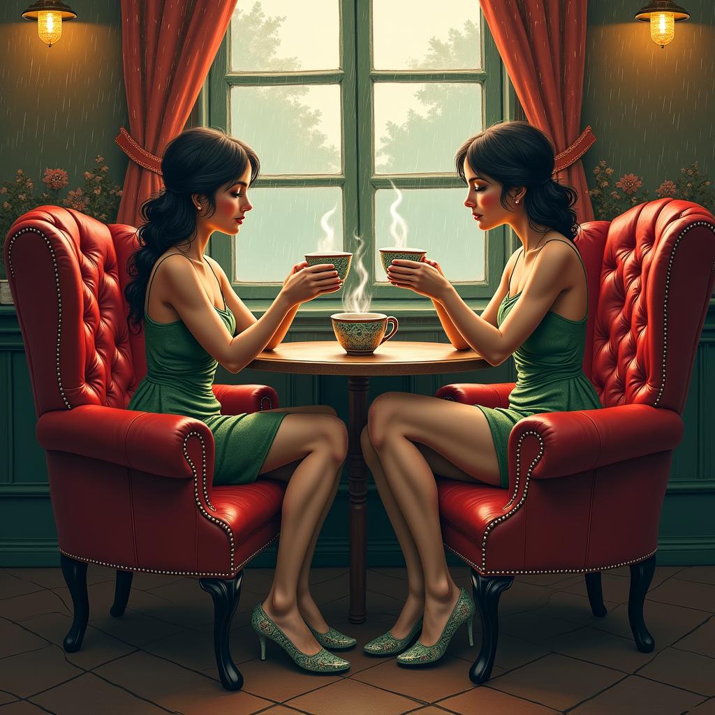 A tattoo design featuring two red leather chairs in a coffee shop under soft morning light, with rain outside. Each chair holds a beautifully crafted tea cup with steam, representing a tea date between two women. The scene embodies safety and peace, accented by mahogany and deep green, intertwined with bohemian floral patterns for added warmth.undefined