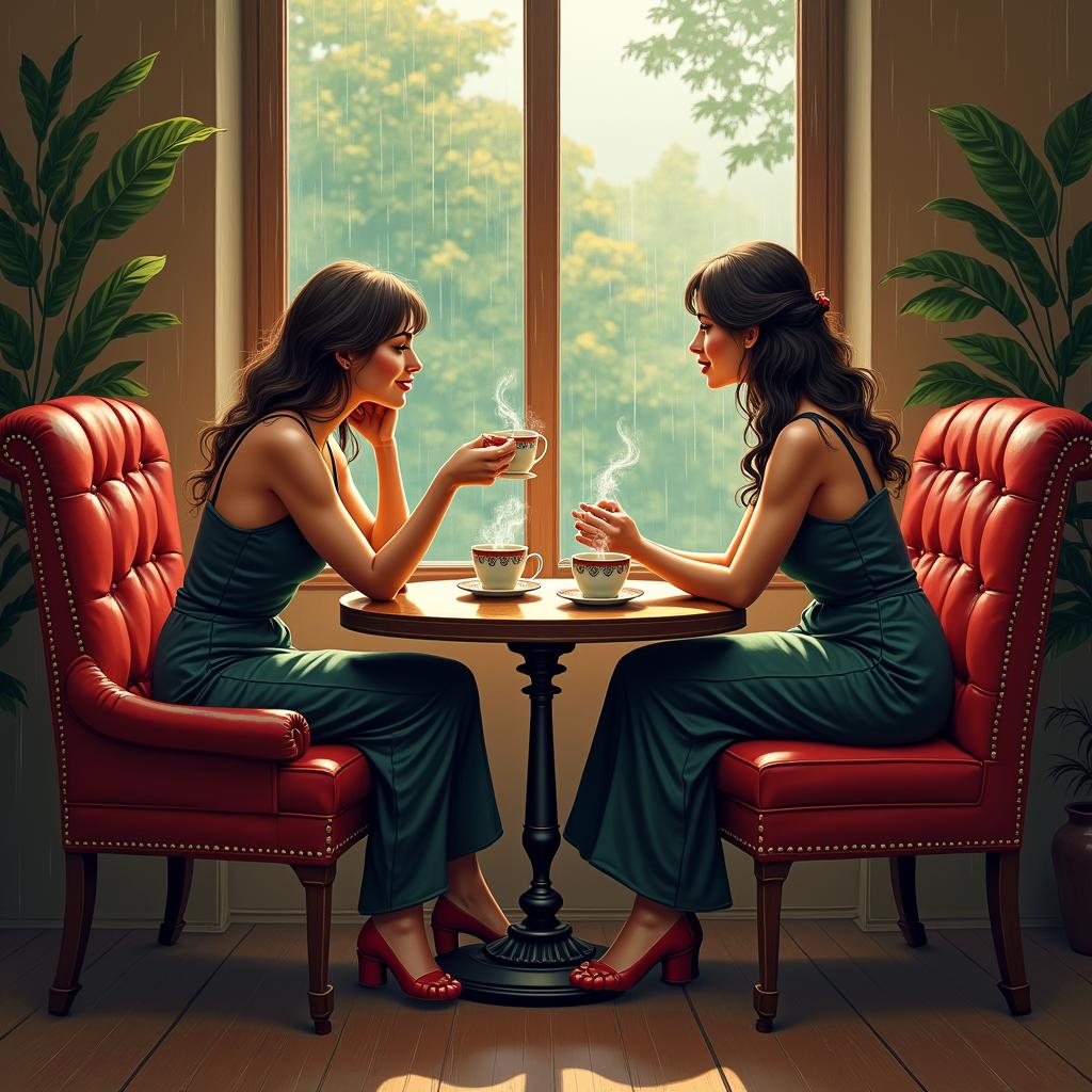 Tattoo idea of a cozy coffee shop with two red leather chairs, sunlight filtering through as rain falls outside. Two tea cups with steam on each chair symbolize a loving moment between two women. The design includes warm wood and green hues, with intricate bohemian patterns enhancing the intimate vibe.undefined