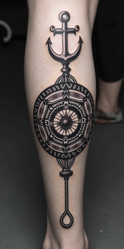 Anchor with nautical rope and compassin dotwork style tattoo, complex mandala patterns, interlocking geometric shapes with sharp symmetry, clean lines, sharp angles - Variation 8