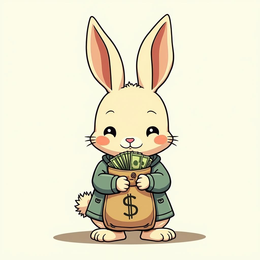 Bunny holding a money bag with supercar and cartoon styleGhibli, Studio Ghibli aesthetic, hand-drawn anime style, retro nostalgic atmosphere, retro soft pastel color palette with earthy tones, retro Japanese cinematic shot, yellow tint effect, bald character, smooth surface, anime shadow 90's anime style