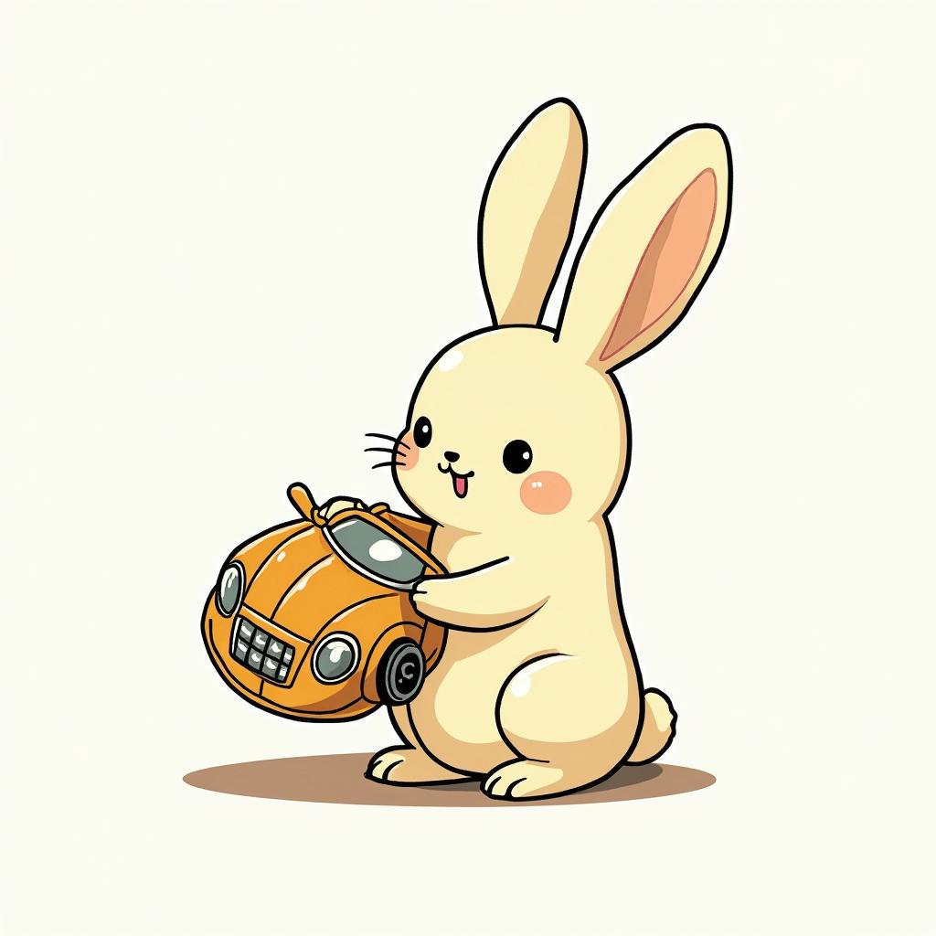 Bunny holding a money bag with supercar and cartoon styleGhibli, Studio Ghibli aesthetic, hand-drawn anime style, retro nostalgic atmosphere, retro soft pastel color palette with earthy tones, retro Japanese cinematic shot, yellow tint effect, bald character, smooth surface, anime shadow 90's anime style - Variation 2