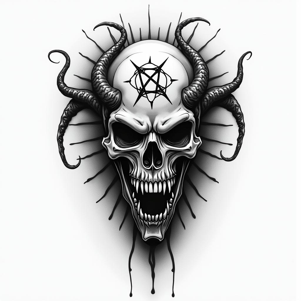 Zachary BonHomme nature fishing hunting hard working simple mancreepy horror tattoo style, featuring an eerie and unsettling skull of a demonic creature, distorted face with sharp fangs, add pentagram symbol - Variation 2