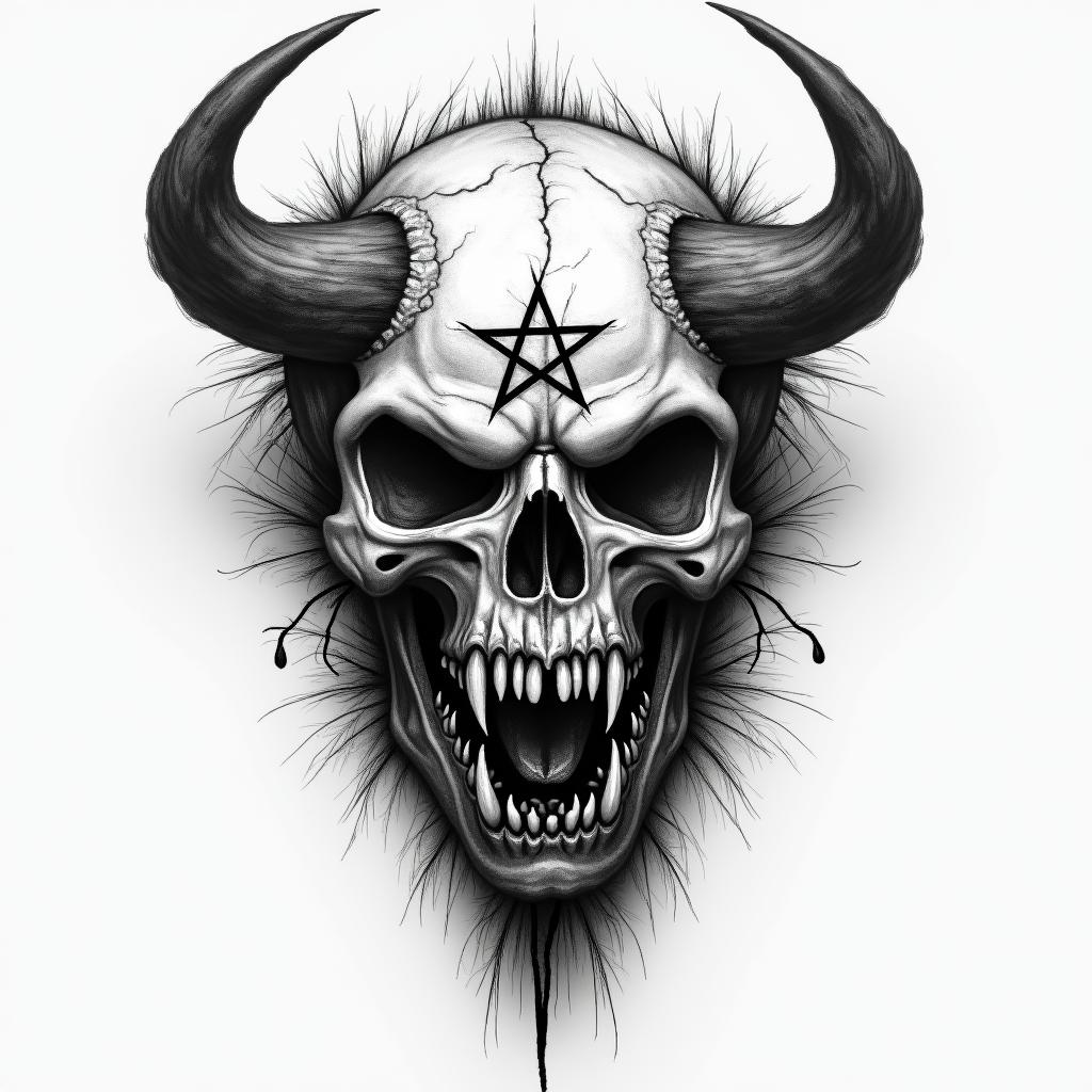 Zachary BonHomme nature fishing hunting hard working simple mancreepy horror tattoo style, featuring an eerie and unsettling skull of a demonic creature, distorted face with sharp fangs, add pentagram symbol - Variation 4