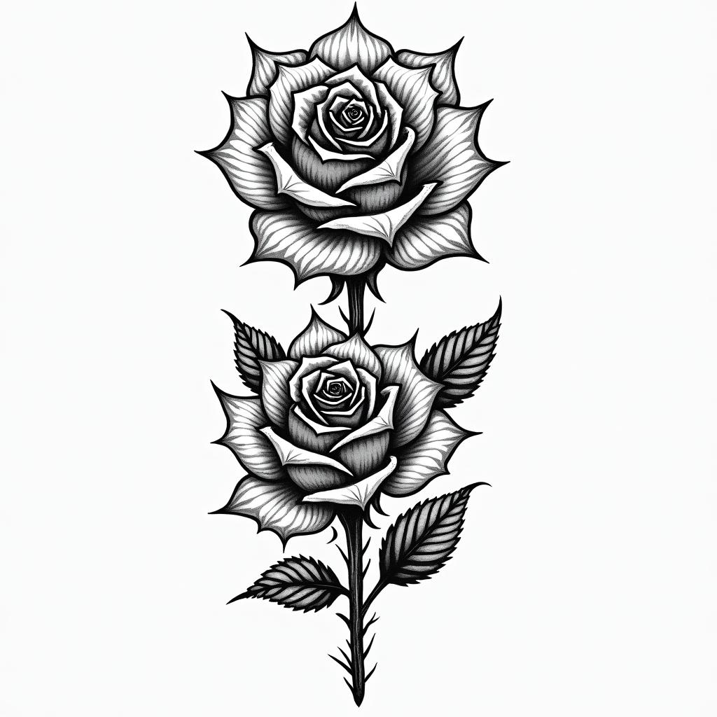 Roses in geometric style tattoo, blending hexagons, mandala-inspired patterns, symmetrical and fractal design, clean lines, sharp angles