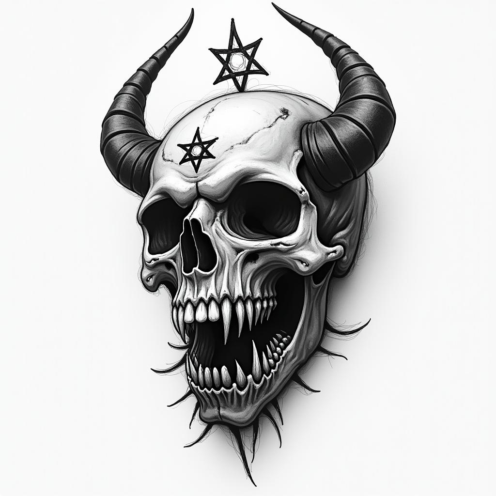 Zachary BonHomme nature fishing hunting hard working simple mancreepy horror tattoo style, featuring an eerie and unsettling skull of a demonic creature, distorted face with sharp fangs, add pentagram symbol - Variation 3
