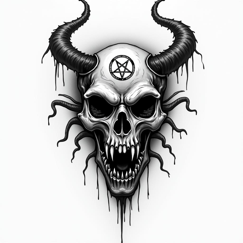 Zachary BonHomme nature fishing hunting hard working simple mancreepy horror tattoo style, featuring an eerie and unsettling skull of a demonic creature, distorted face with sharp fangs, add pentagram symbol