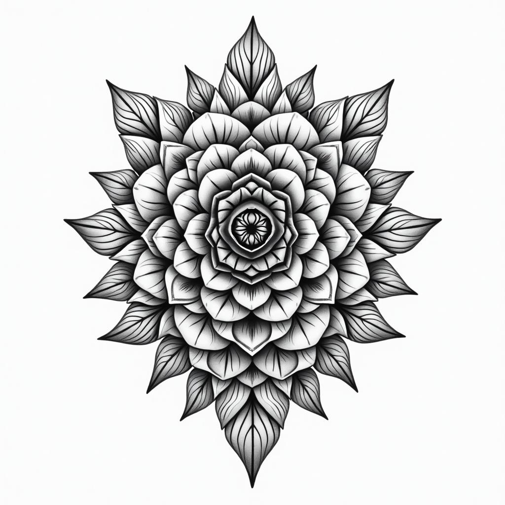 Roses in geometric style tattoo, blending hexagons, mandala-inspired patterns, symmetrical and fractal design, clean lines, sharp angles - Variation 2