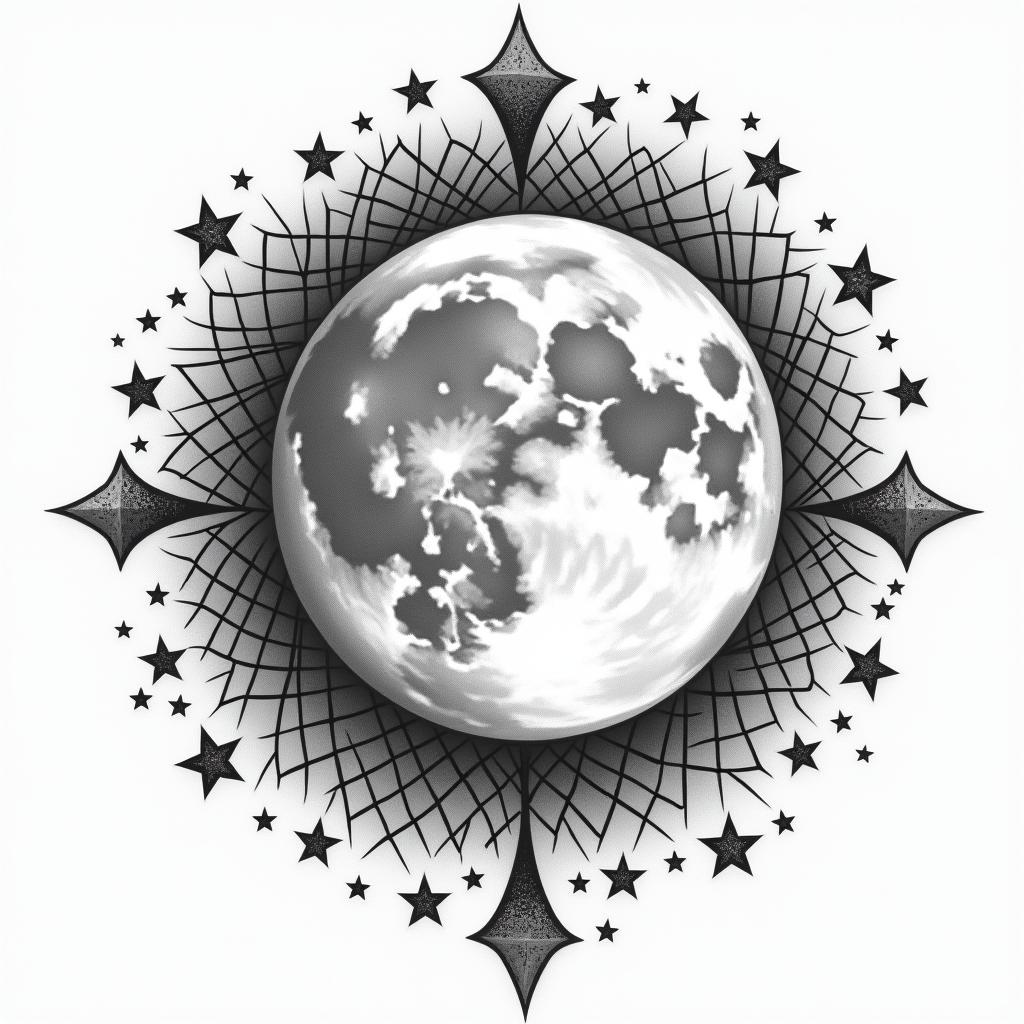 Moon and starsin bohemian style tattoo, 8k - Variation 4