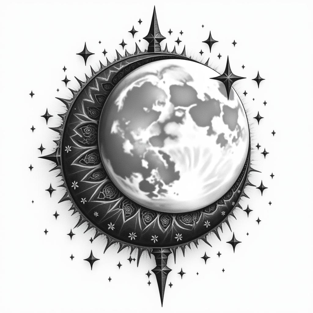 Moon and starsin bohemian style tattoo, 8k - Variation 2
