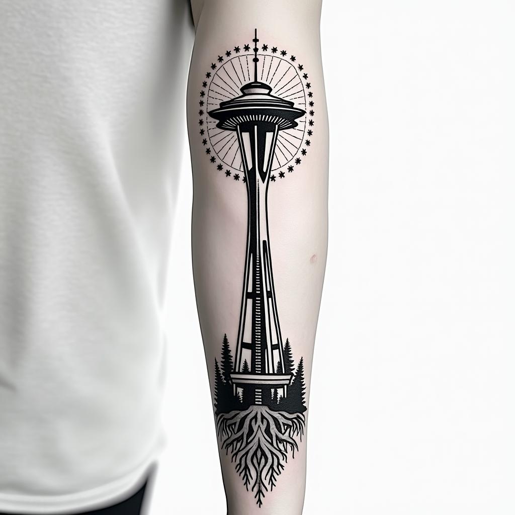 Arm sleeve tattoo with a Pacific Northwest theme and a space needle with tree roots as the bottom with the number 999 hidden in the tattooin dotwork style tattoo, complex mandala patterns, interlocking geometric shapes with sharp symmetry, clean lines, sharp angles - Variation 3