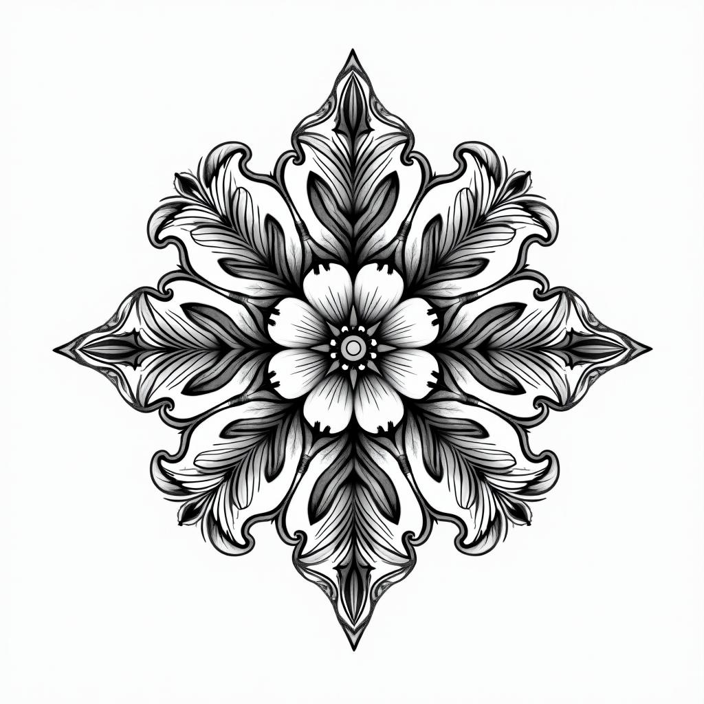 Bird cage cottage corein ornamental tattoo style, featuring intricate symmetrical patterns and floral designs, showcasing highly detailed line work and geometric shapes, creating a sense of elegance and balance - Variation 2