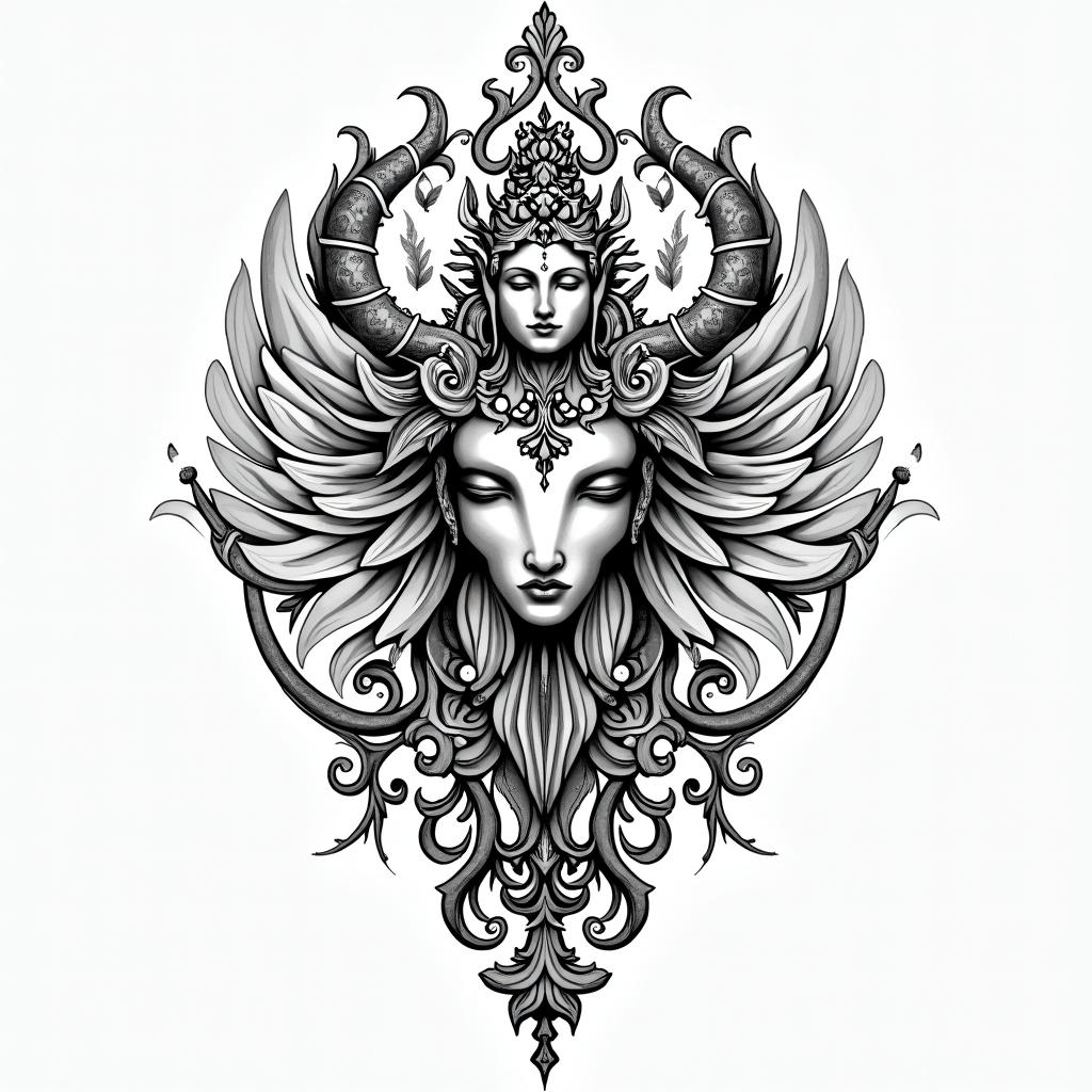Simona, nordic gods, Capricorn, budhismin ornamental tattoo style, featuring intricate symmetrical patterns and floral designs, showcasing highly detailed line work and geometric shapes, creating a sense of elegance and balance - Variation 4