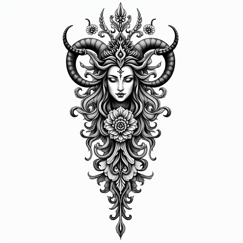Simona, nordic gods, Capricorn, budhismin ornamental tattoo style, featuring intricate symmetrical patterns and floral designs, showcasing highly detailed line work and geometric shapes, creating a sense of elegance and balance