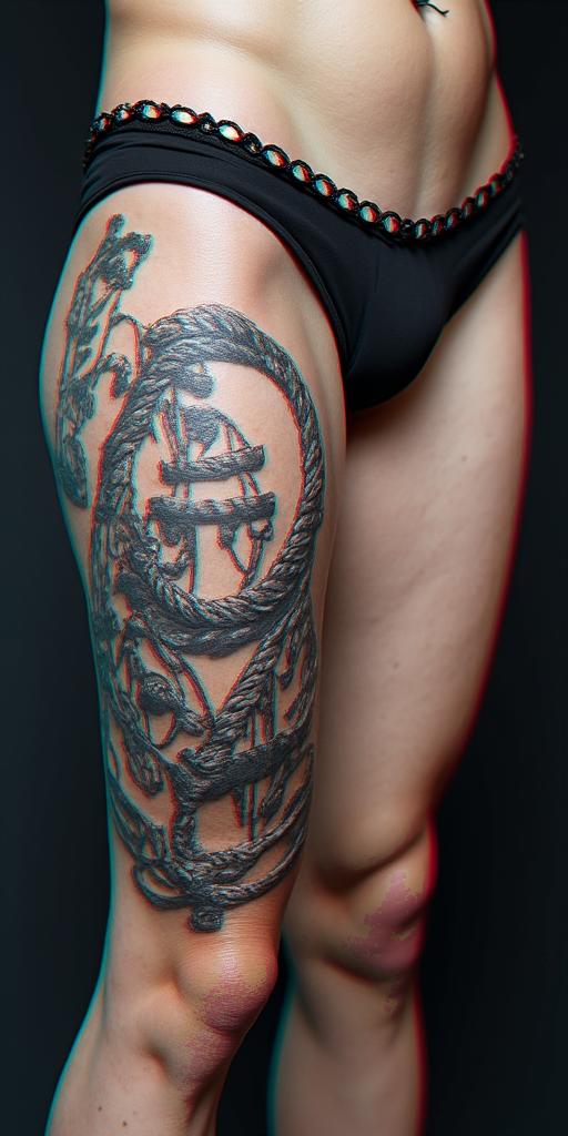 Anchor with nautical rope and compassin distorted and fragmented tattoo design, featuring a classical statue bust, in a glitch art style with vibrant, overlapping colors of cyan, magenta, and yellow, creating a digital distortion effect