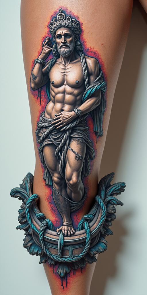 Anchor with nautical rope and compassin distorted and fragmented tattoo design, featuring a classical statue bust, in a glitch art style with vibrant, overlapping colors of cyan, magenta, and yellow, creating a digital distortion effect - Variation 2