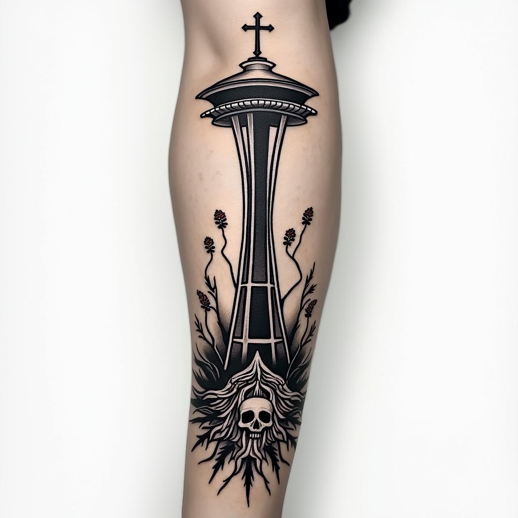 Arm sleeve tattoo with a Pacific Northwest theme and a space needle with tree roots as the bottom with the number 999 hidden in the tattooin chicano style tattoo, featuring intricate black and grey shading, bold elements of traditional chicano culture symbols, add a big cross with skull, chains and roses - Variation 4
