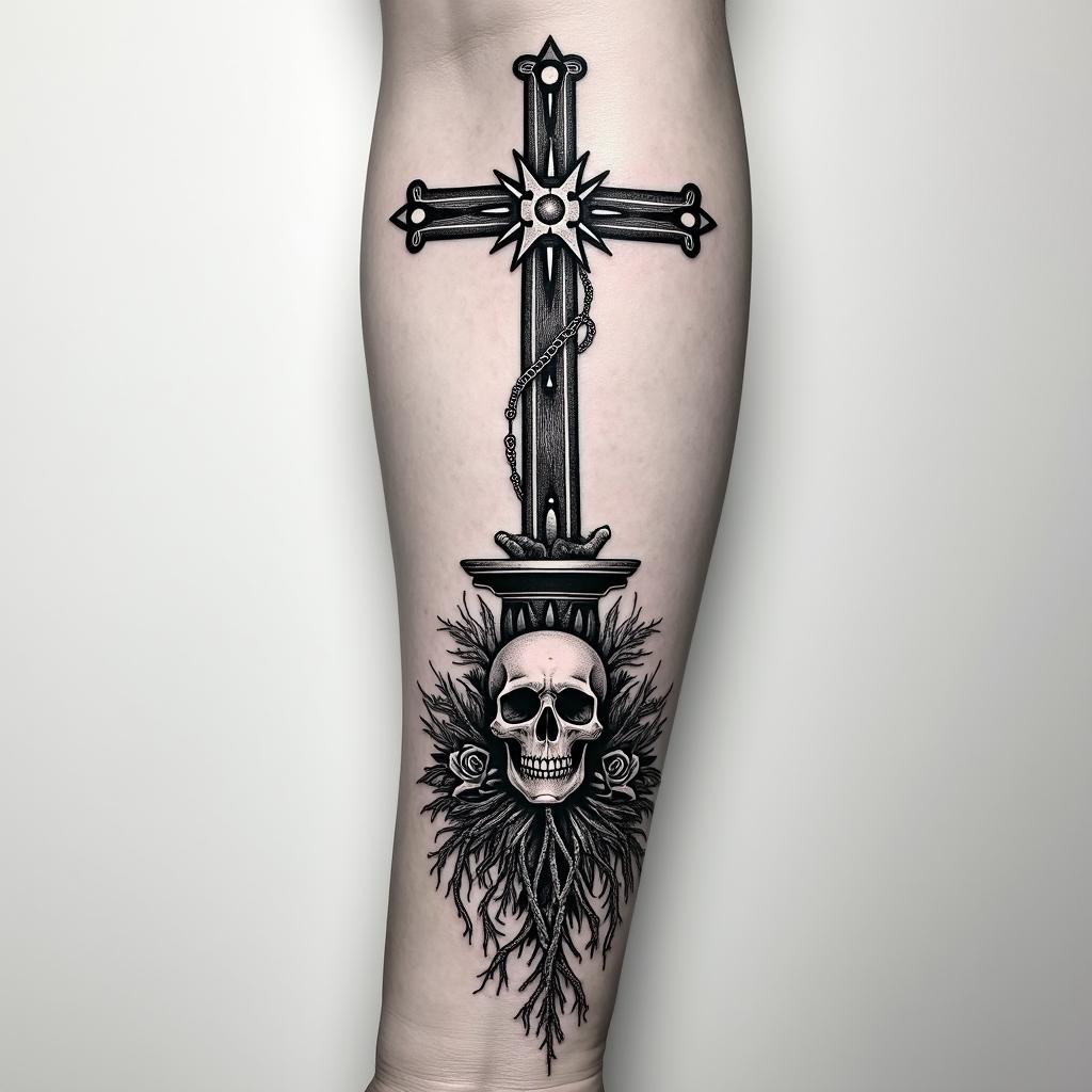 Arm sleeve tattoo with a Pacific Northwest theme and a space needle with tree roots as the bottom with the number 999 hidden in the tattooin chicano style tattoo, featuring intricate black and grey shading, bold elements of traditional chicano culture symbols, add a big cross with skull, chains and roses - Variation 2