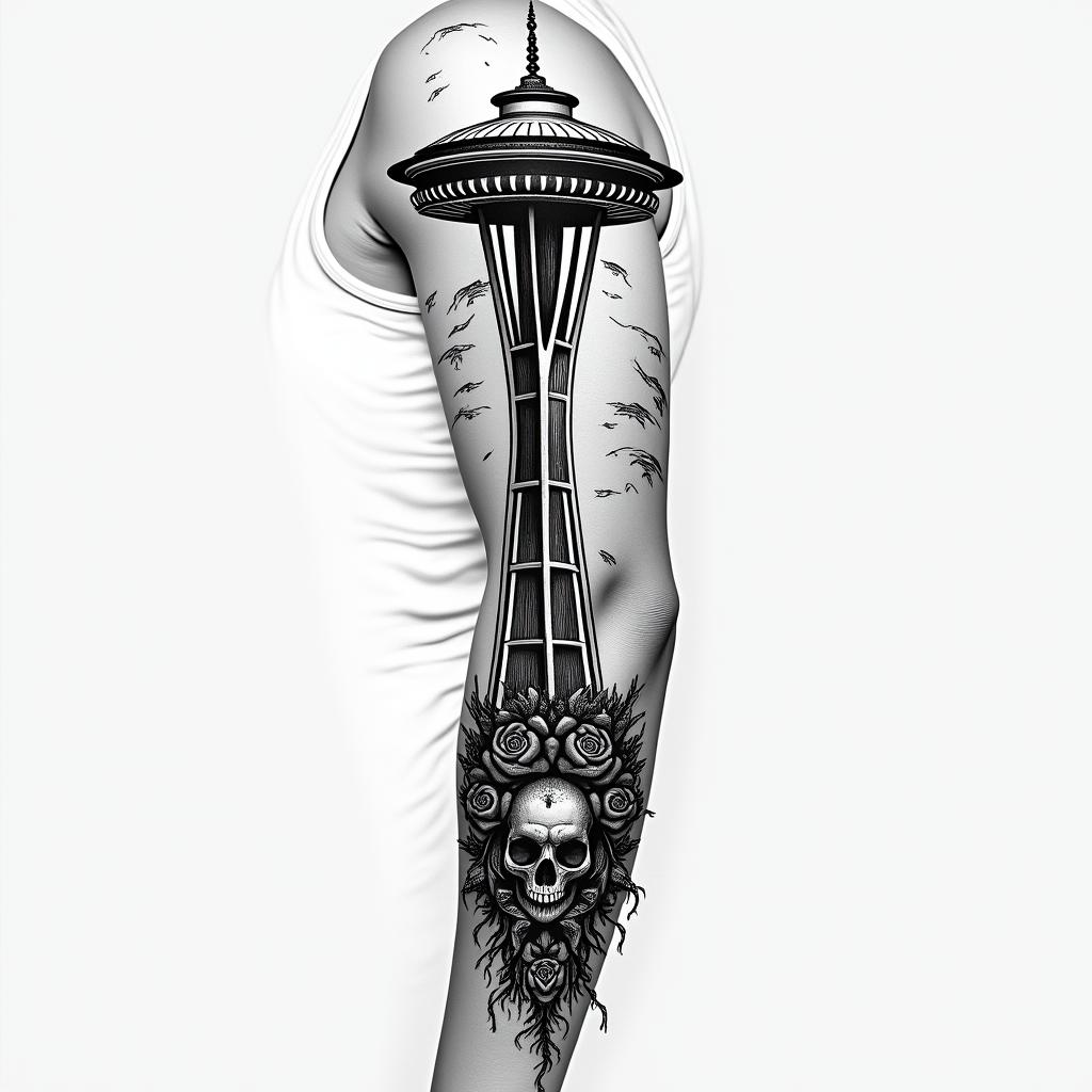Arm sleeve tattoo with a Pacific Northwest theme and a space needle with tree roots as the bottom with the number 999 hidden in the tattooin chicano style tattoo, featuring intricate black and grey shading, bold elements of traditional chicano culture symbols, add a big cross with skull, chains and roses