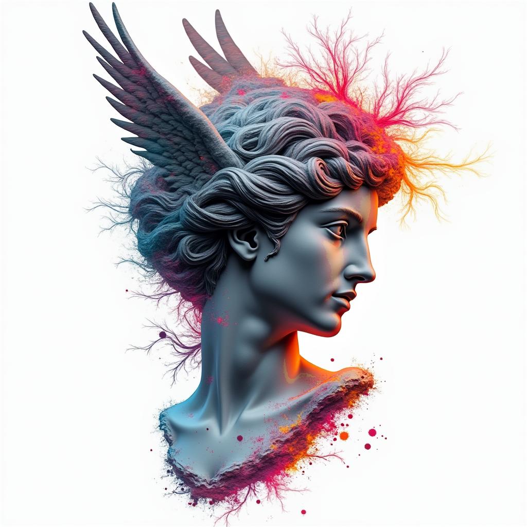 Scorpio witchy Phoenixin distorted and fragmented tattoo design, featuring a classical statue bust, in a glitch art style with vibrant, overlapping colors of cyan, magenta, and yellow, creating a digital distortion effect - Variation 4