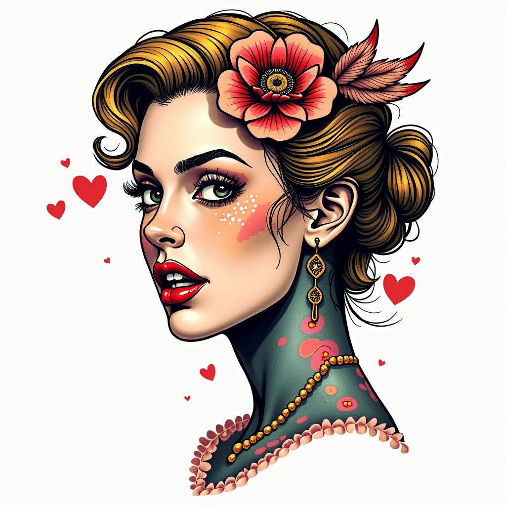 Christina, Sagittarius, Germanyin pop art style tattoo, featuring bold and vibrant colors, exaggerated outlines, iconic imagery, inspired by comic books and speech bubbles, comic book characters, retro pop culture