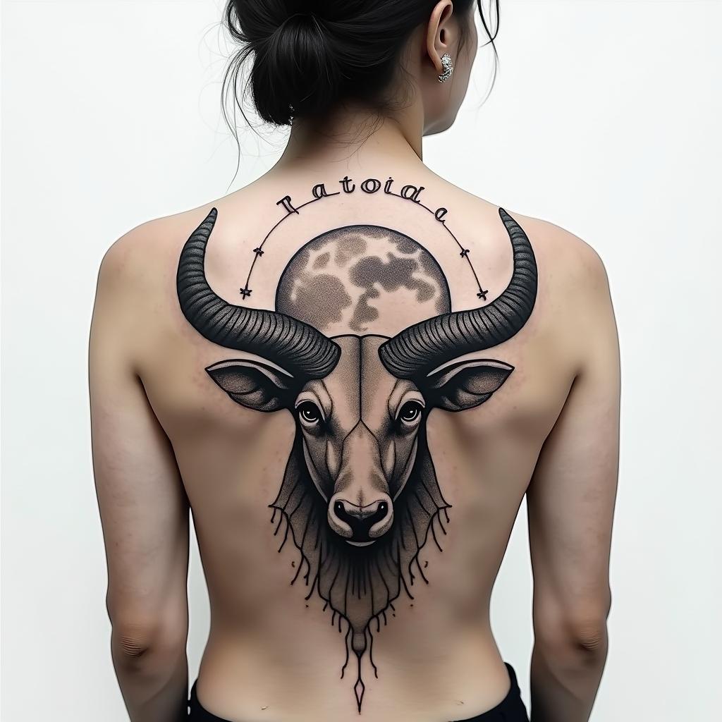 back tattoo inspired by the name Vitória, the Taurus sign, and the phases of the moonhigly detailed tattoo