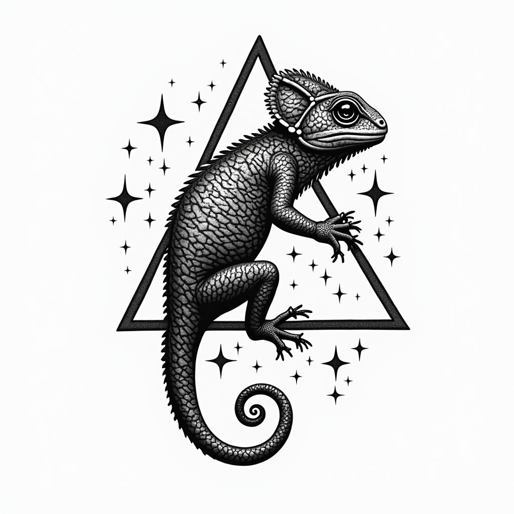 Geometric chameleon surrounded by triangles and starshigly detailed tattoo - Variation 3