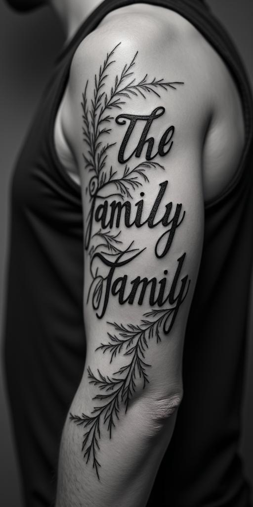 Family strenghttext-based tattoo, gothic font ultra-realistic, perfectly placed, high-quality font design, photo-realistic shading, 8k, high quality, finely detailed typography - Variation 2