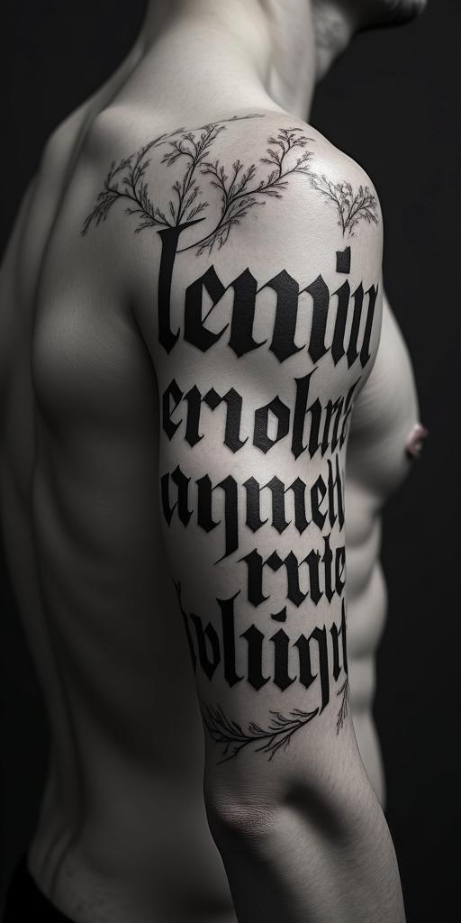 Family strenghttext-based tattoo, gothic font ultra-realistic, perfectly placed, high-quality font design, photo-realistic shading, 8k, high quality, finely detailed typography - Variation 4