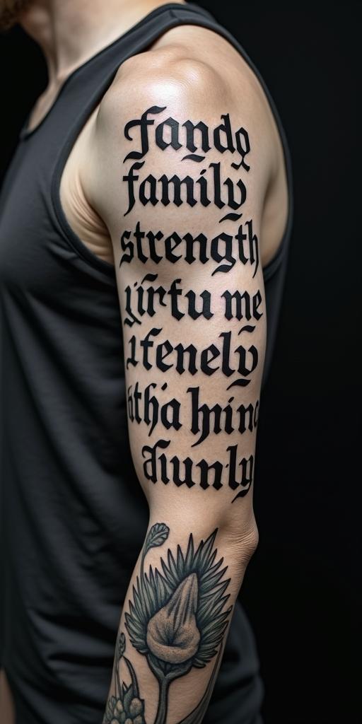 Family strenghttext-based tattoo, gothic font ultra-realistic, perfectly placed, high-quality font design, photo-realistic shading, 8k, high quality, finely detailed typography - Variation 3