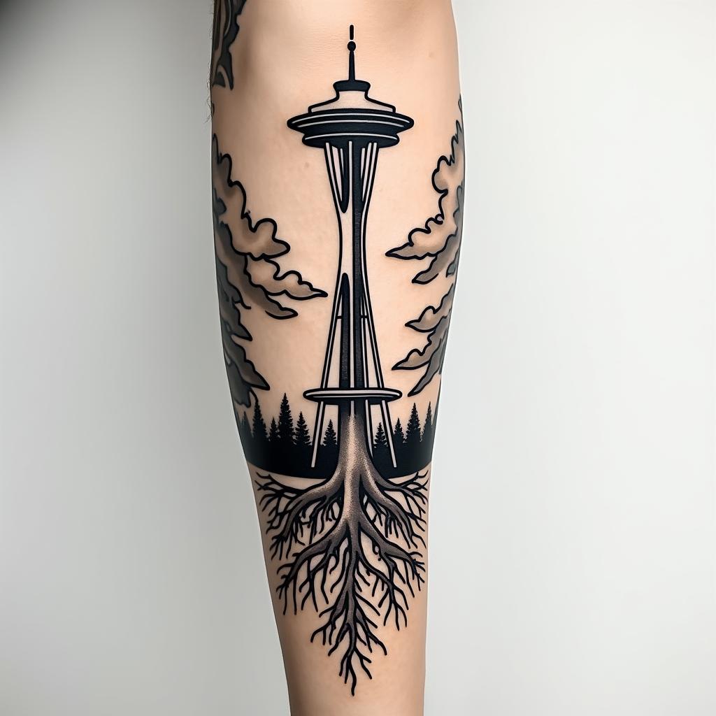 Arm sleeve tattoo with a Pacific Northwest theme and a space needle with tree roots as the bottom with the number 999 hidden in the tattooin authentic tattoo style, incorporating traditional modifications, bold black outlines, solid color fills, featuring classic authentic elements