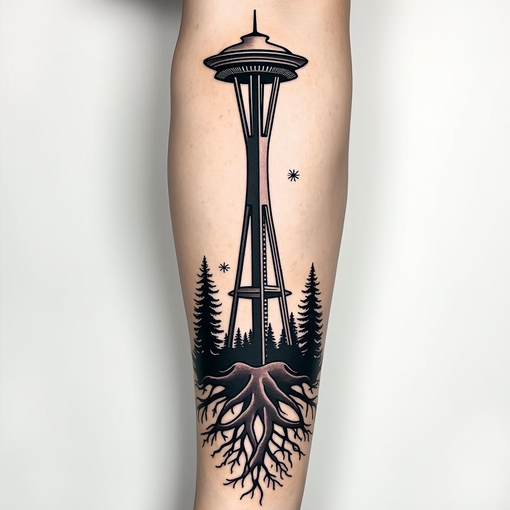 Arm sleeve tattoo with a Pacific Northwest theme and a space needle with tree roots as the bottom with the number 999 hidden in the tattooin authentic tattoo style, incorporating traditional modifications, bold black outlines, solid color fills, featuring classic authentic elements - Variation 3