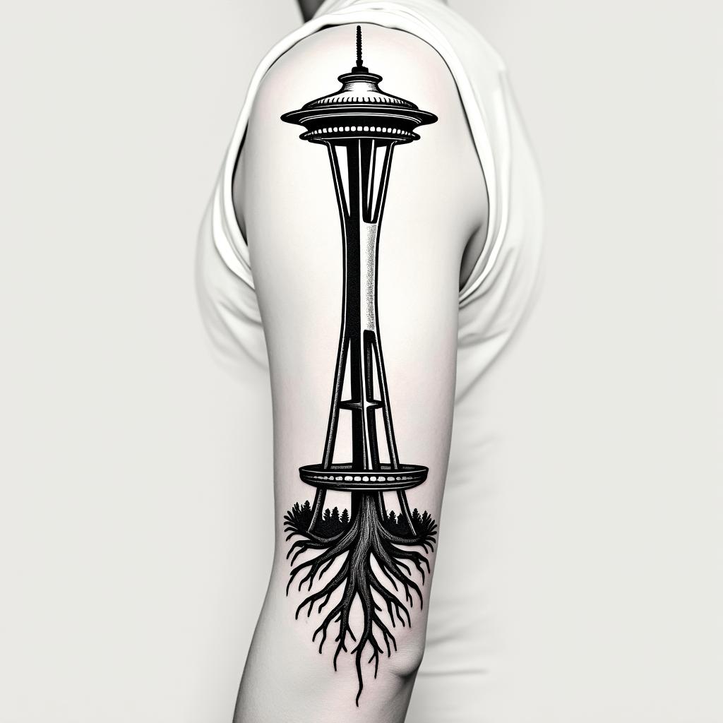 Arm sleeve tattoo with a Pacific Northwest theme and a space needle with tree roots as the bottom with the number 999 hidden in the tattooin authentic tattoo style, incorporating traditional modifications, bold black outlines, solid color fills, featuring classic authentic elements - Variation 4