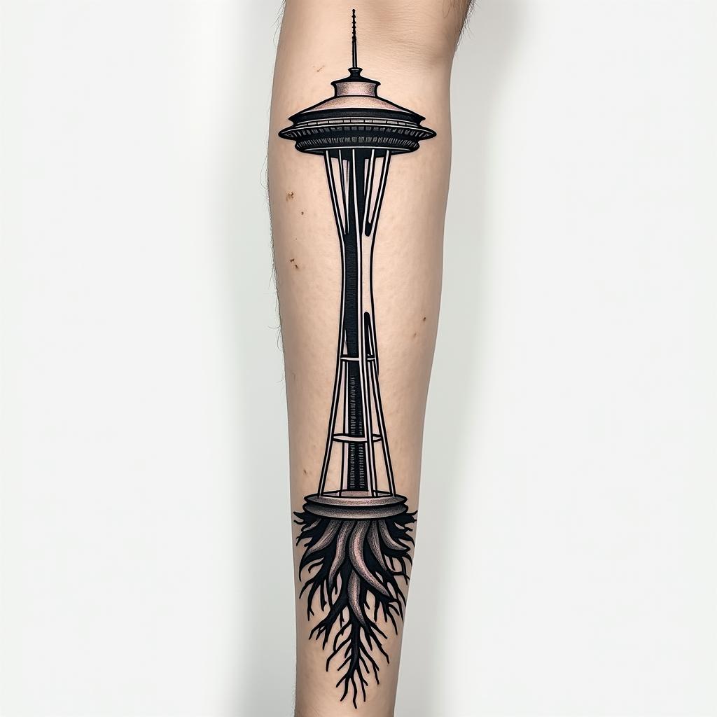 Arm sleeve tattoo with a Pacific Northwest theme and a space needle with tree roots as the bottom with the number 999 hidden in the tattooin authentic tattoo style, incorporating traditional modifications, bold black outlines, solid color fills, featuring classic authentic elements - Variation 2