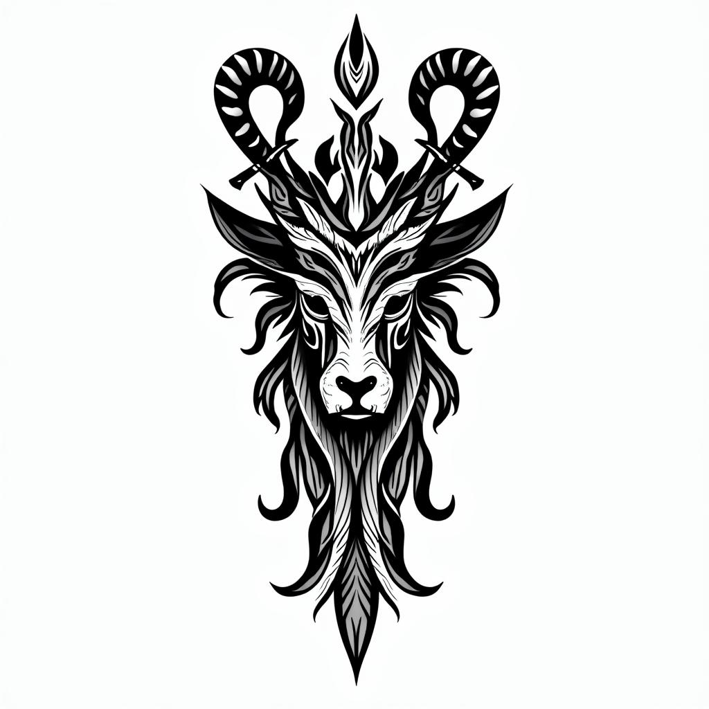 Simona Capricorn nature mountain nordic godsin tribal tattoo style, featuring bold and black geometric shapes, curved lines, intertwine and flow seamlessly, creating a powerful and symbolic design, polynesian and maori styles - Variation 7