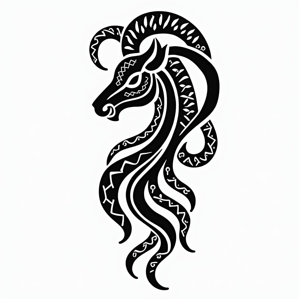 Simona Capricorn nature mountain nordic godsin tribal tattoo style, featuring bold and black geometric shapes, curved lines, intertwine and flow seamlessly, creating a powerful and symbolic design, polynesian and maori styles - Variation 6