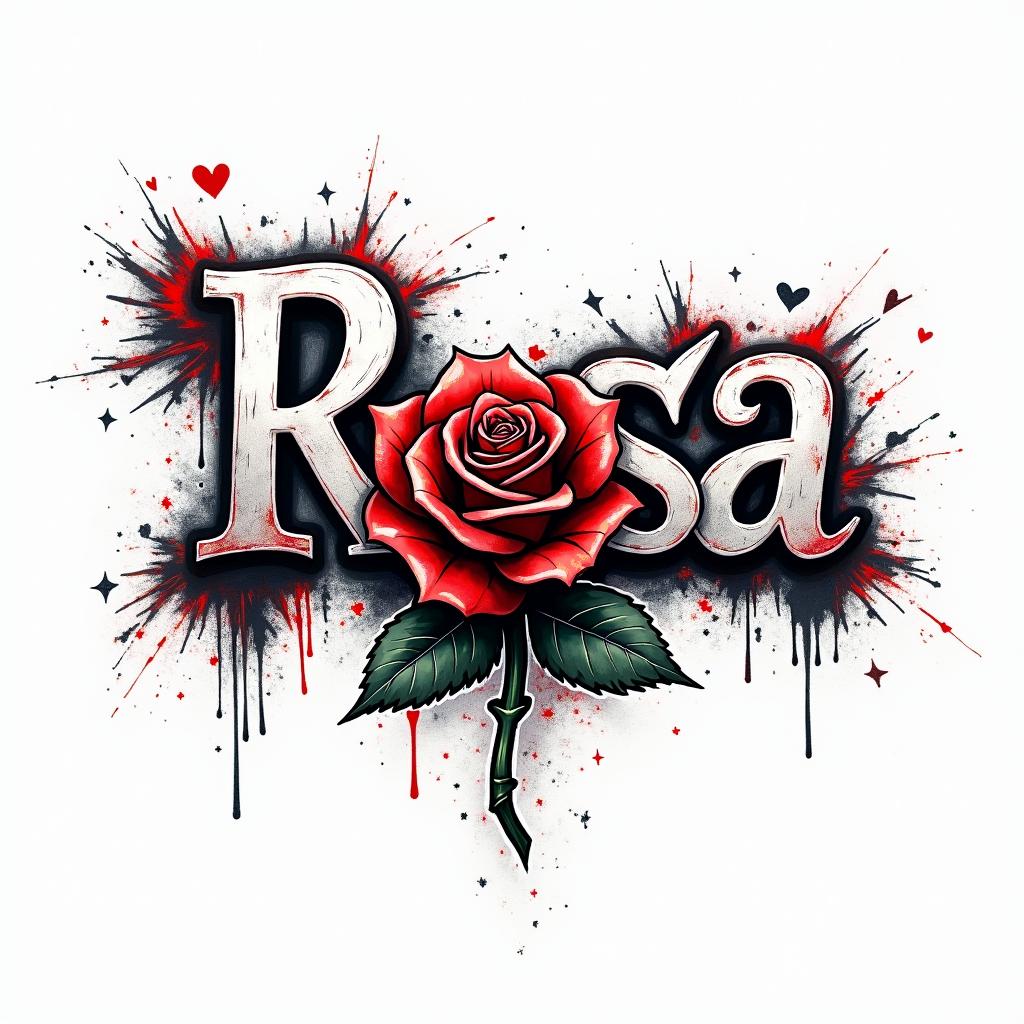 the name Rosa with the drawing of a rosein graffiti style tattoo, featuring bold and dynamic street art elements, spray-paint texture with exaggerated lines and expressive, chaotic brushstrokes, intricate lettering incorporated with graffiti tags, symbols like hearts, stars, and wings