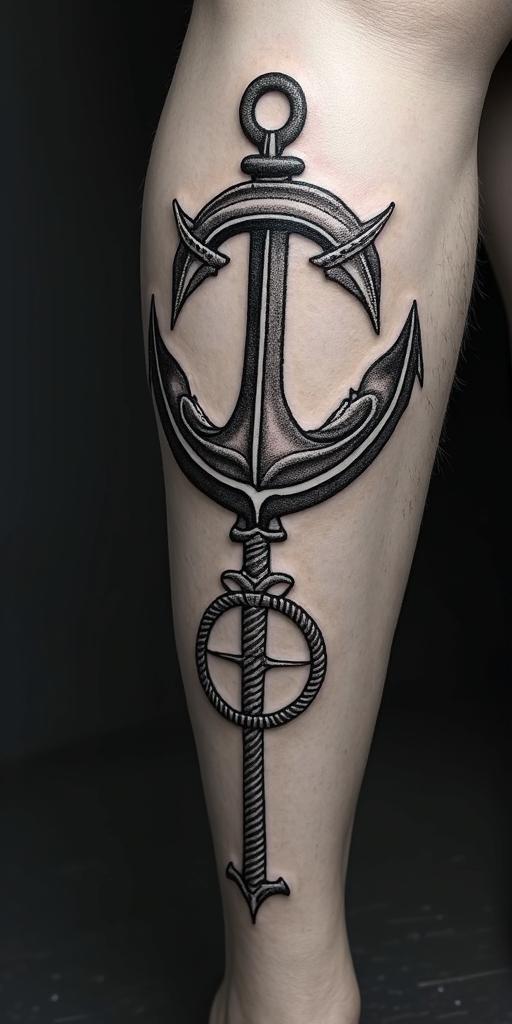 Anchor with nautical rope and compassin dotwork style tattoo, complex mandala patterns, interlocking geometric shapes with sharp symmetry, clean lines, sharp angles - Variation 4